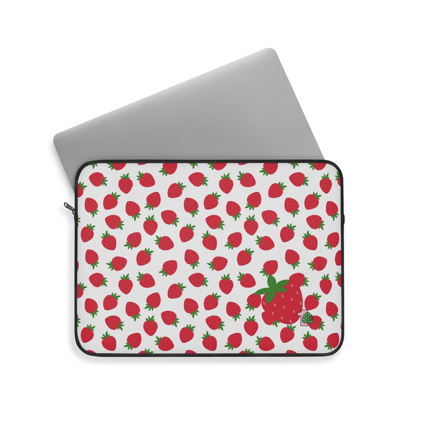 Laptop sleeve with strawberry pattern on a white background