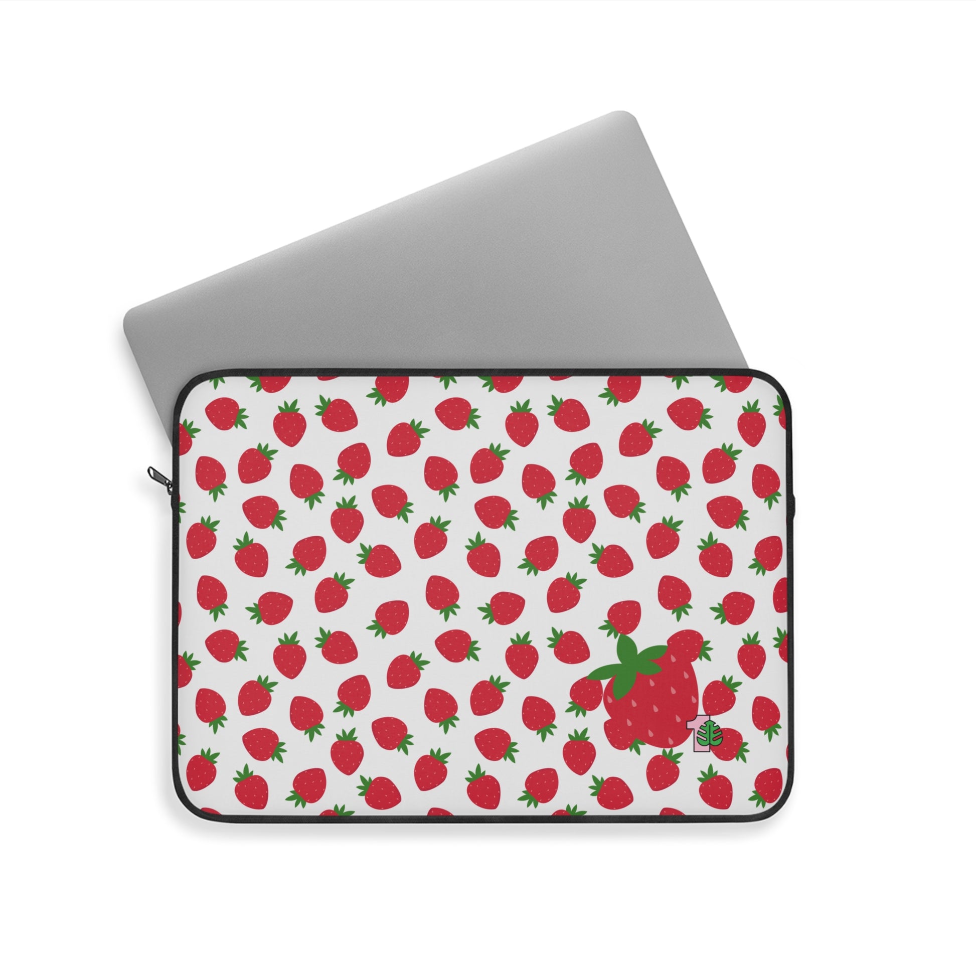 Laptop sleeve with strawberry pattern on a white background