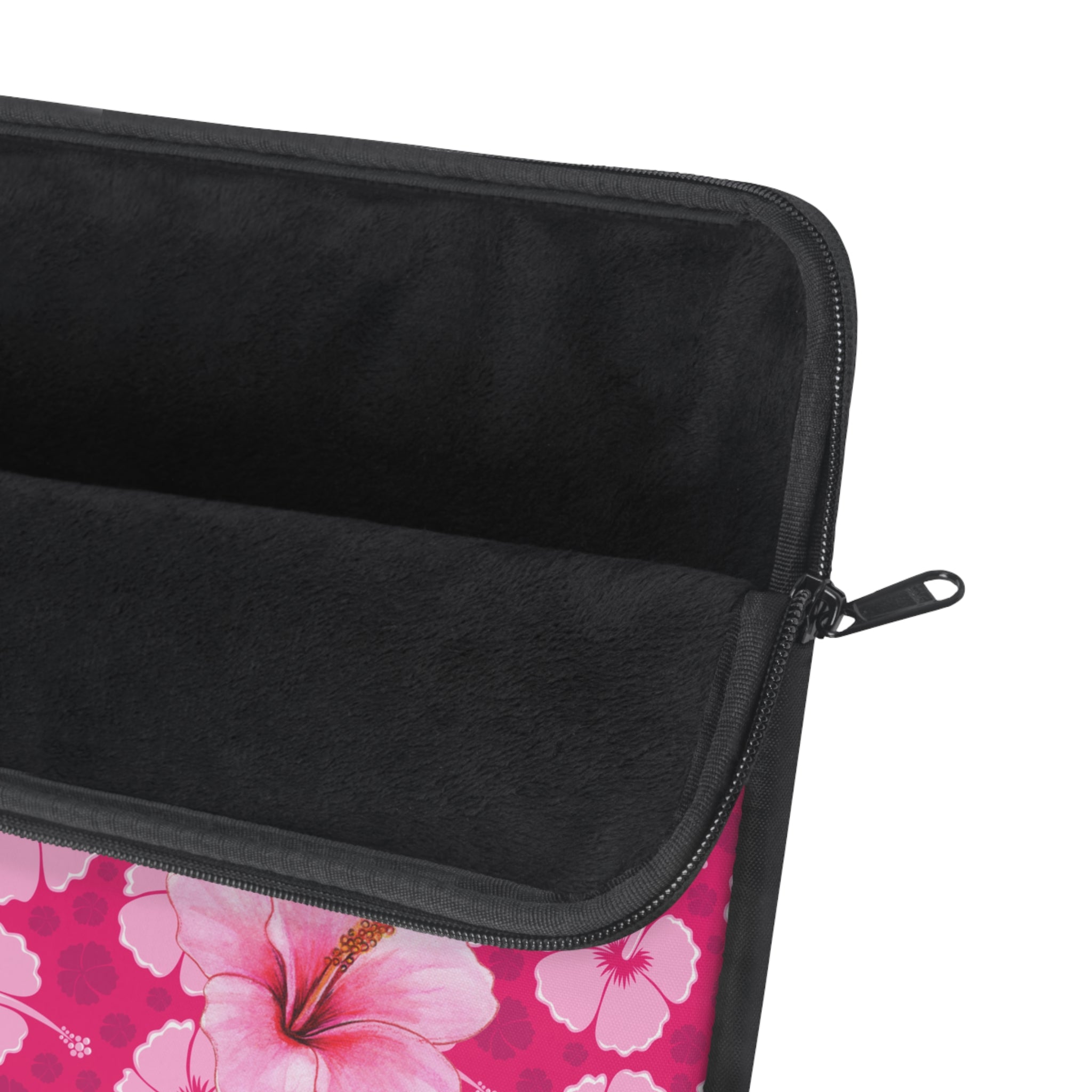 Black zippered pouch with pink floral design on a white background