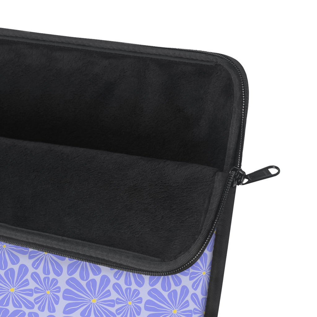Black zippered pouch with purple floral pattern on a white background