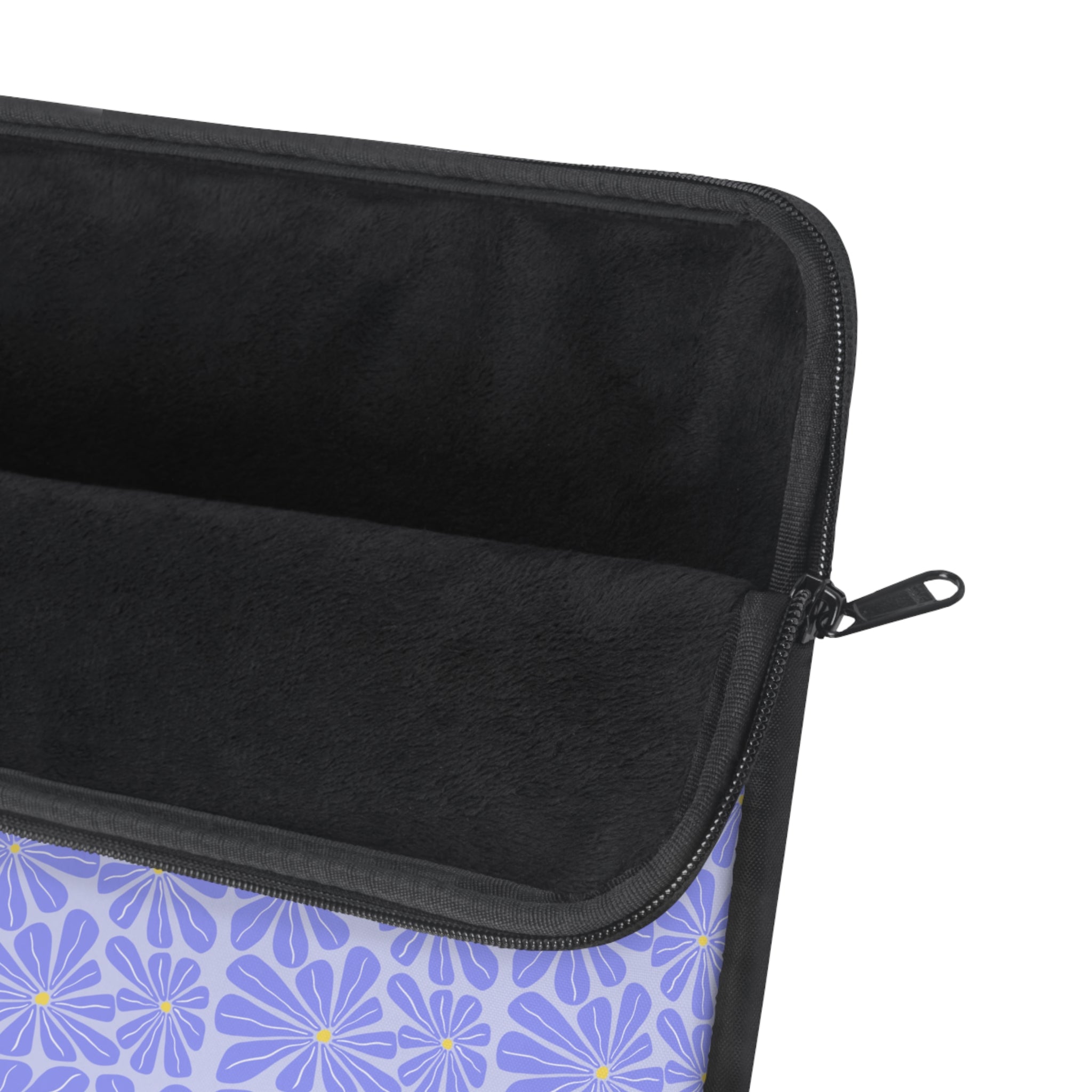 Black zippered pouch with purple floral pattern on a white background