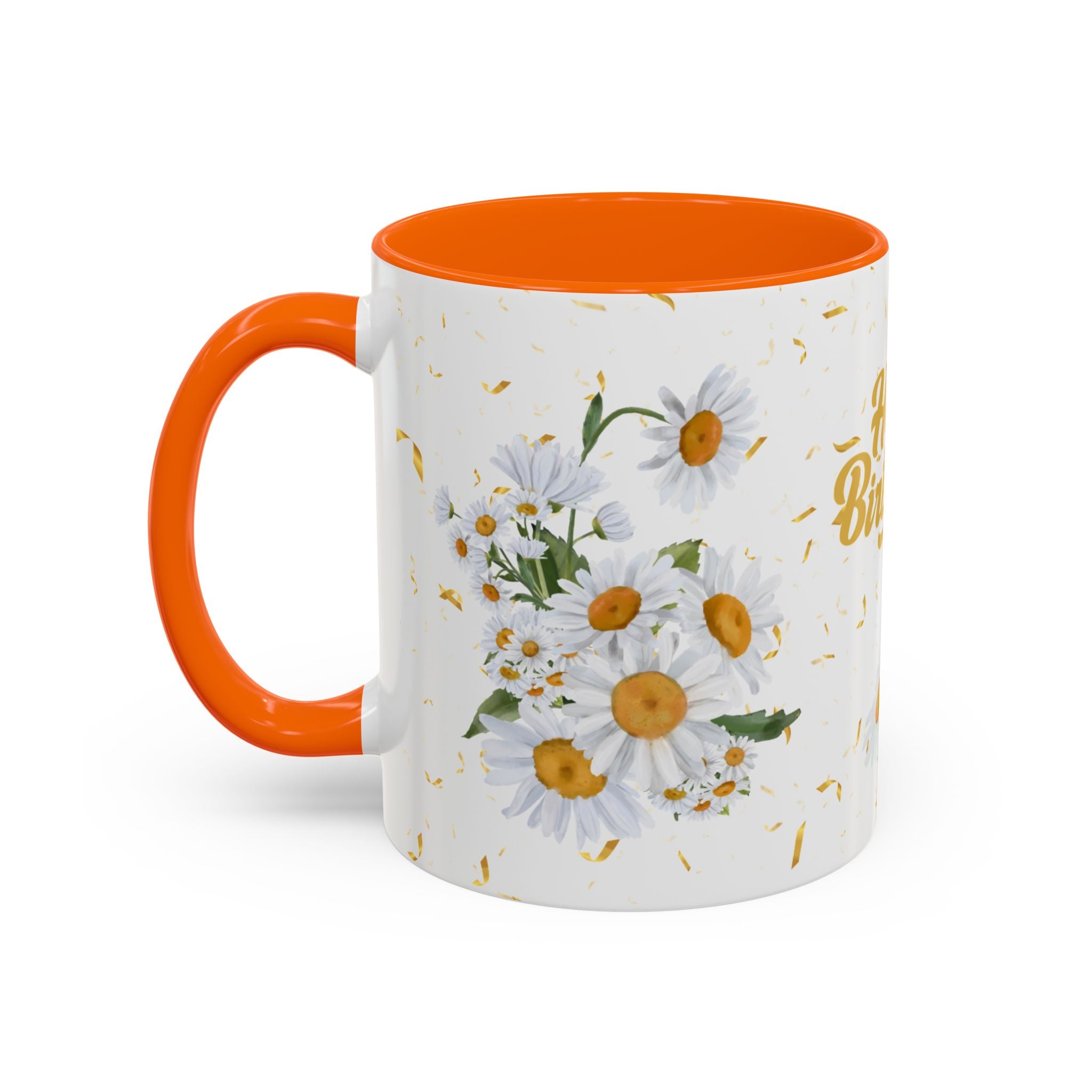 Mug with orange interior and handle, featuring floral design on a white background