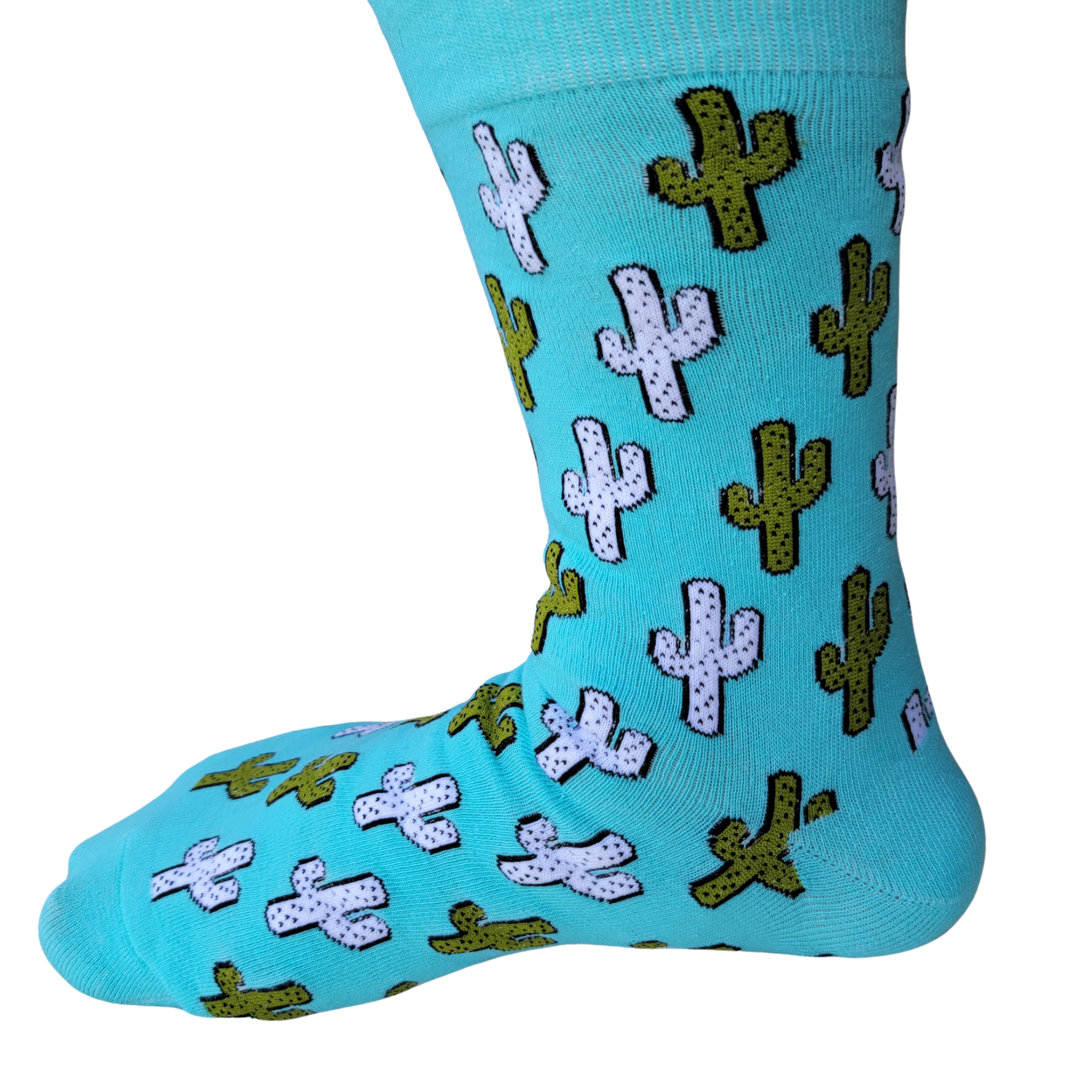 Turquoise sock with cactus pattern on a white background