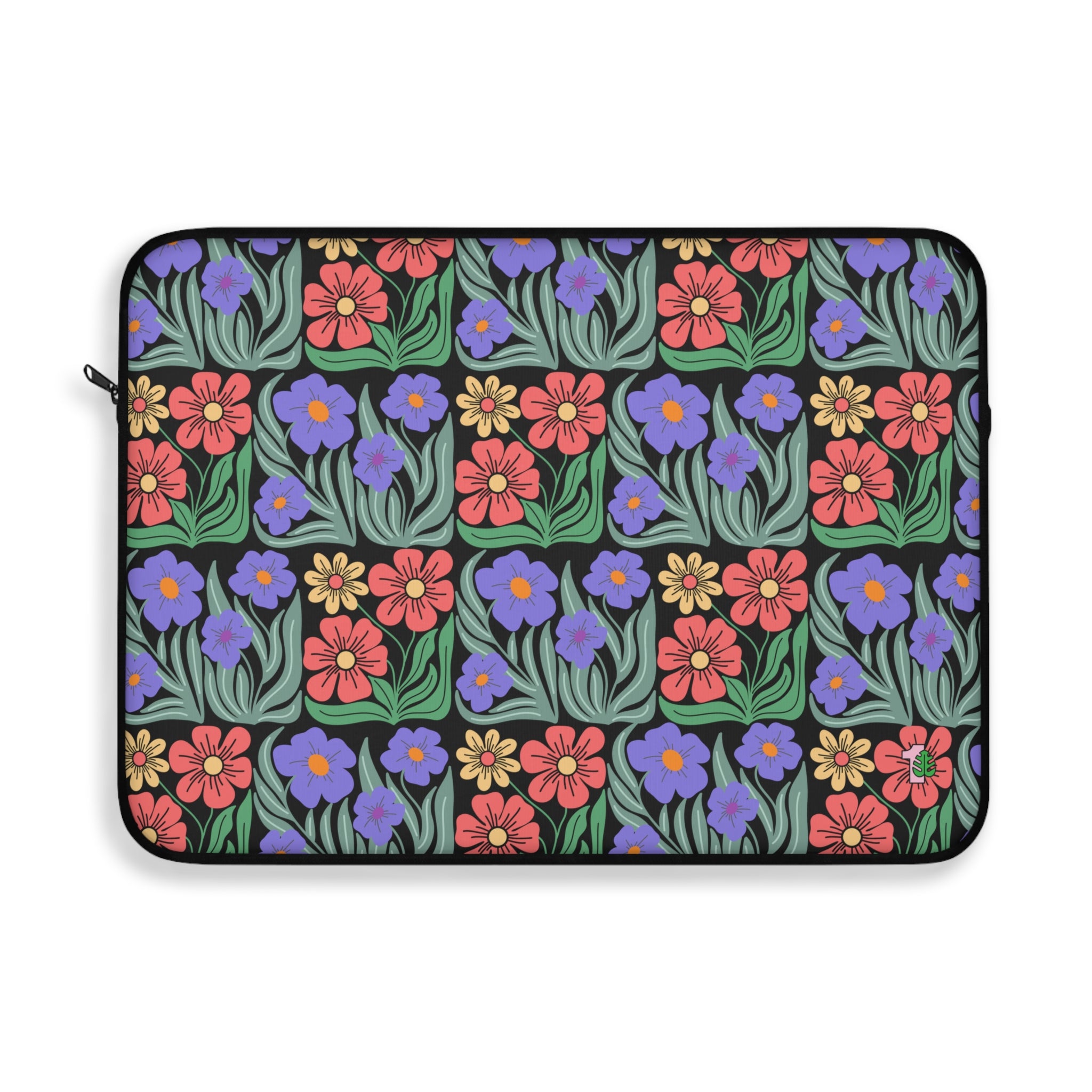 Floral patterned laptop sleeve with colorful flowers on a black background