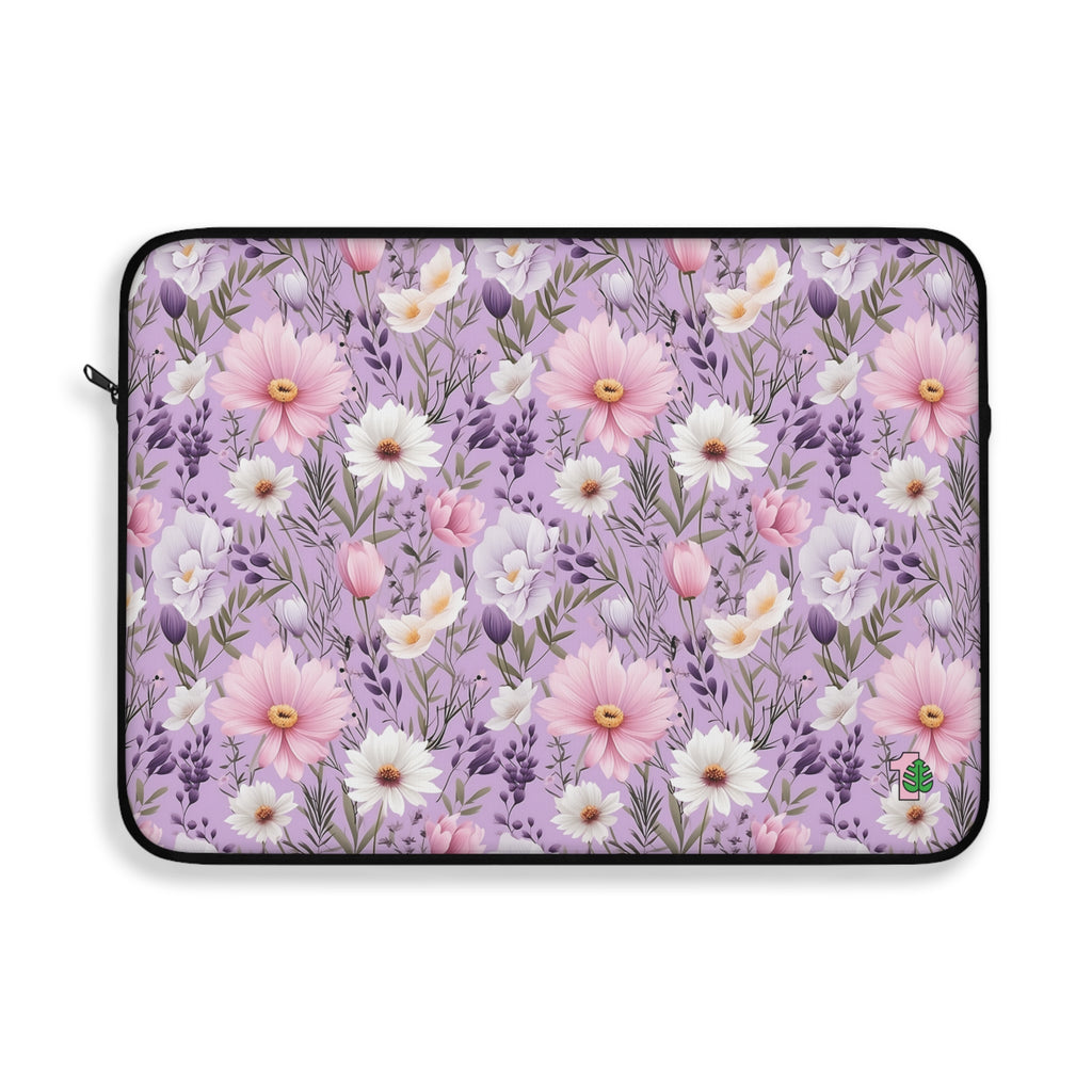 Floral laptop sleeve with pink and white flowers on a purple background
