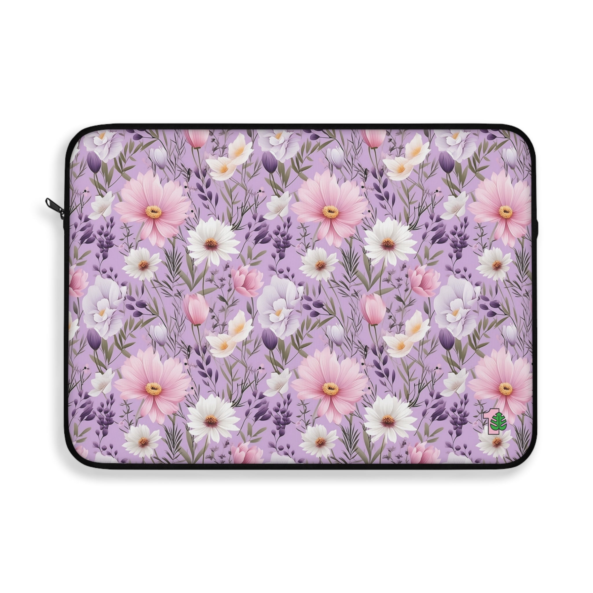 Floral laptop sleeve with pink and white flowers on a purple background